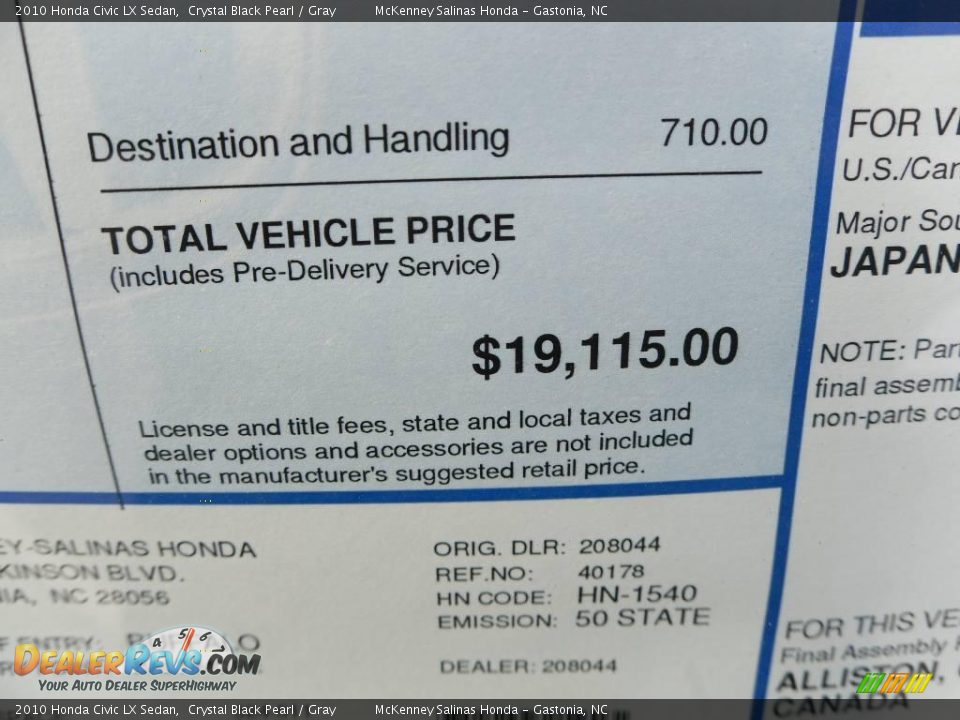 2010 Honda Civic LX Sedan Crystal Black Pearl / Gray Photo #11