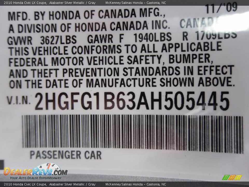 2010 Honda Civic LX Coupe Alabaster Silver Metallic / Gray Photo #10