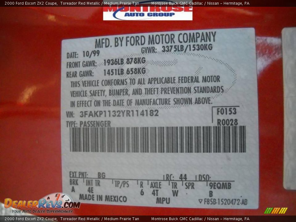 2000 Ford Escort ZX2 Coupe Toreador Red Metallic / Medium Prairie Tan Photo #11