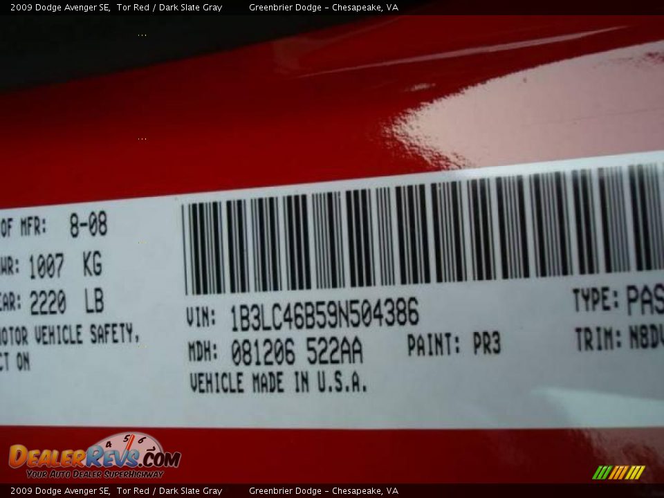 2009 Dodge Avenger SE Tor Red / Dark Slate Gray Photo #24