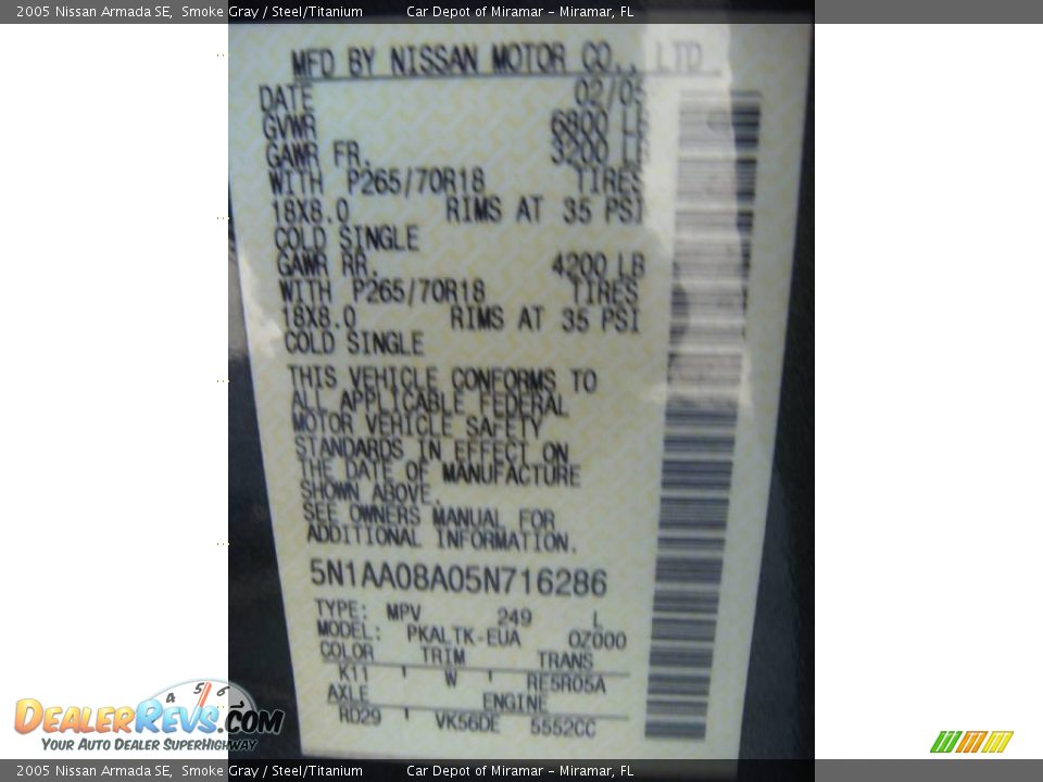 2005 Nissan Armada SE Smoke Gray / Steel/Titanium Photo #19
