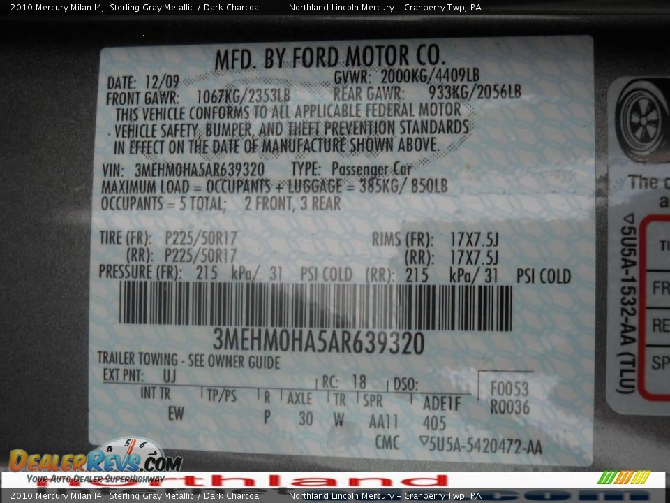 2010 Mercury Milan I4 Sterling Gray Metallic / Dark Charcoal Photo #9