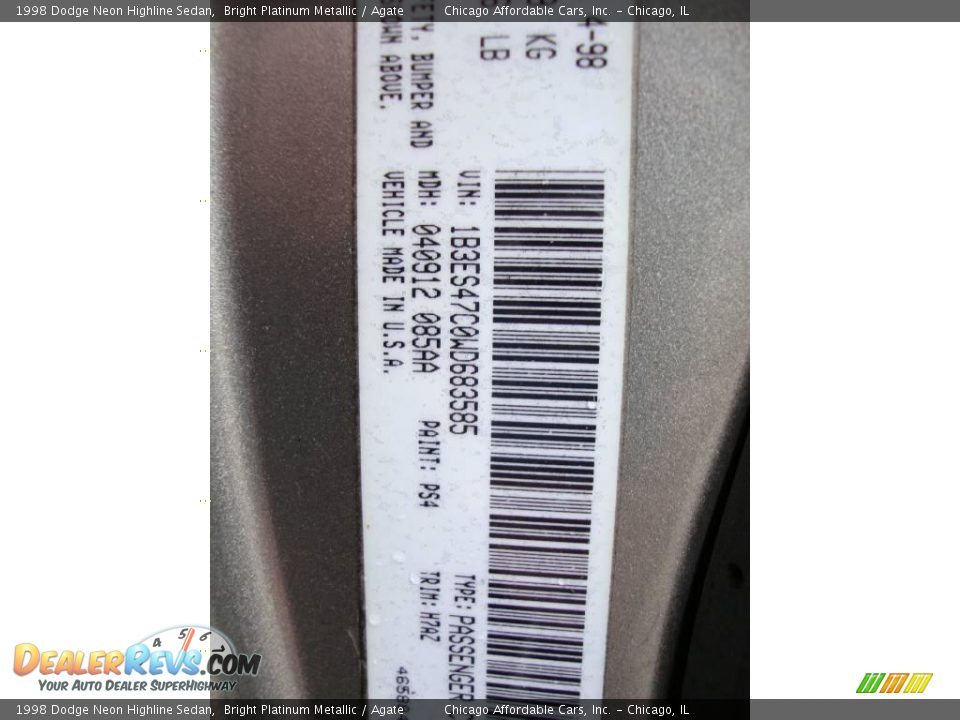 1998 Dodge Neon Highline Sedan Bright Platinum Metallic / Agate Photo #13
