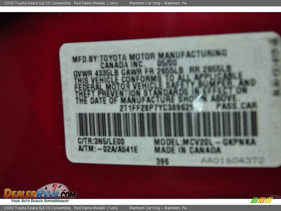 2000 Toyota Solara SLE V6 Convertible Red Flame Metallic / Ivory Photo #15