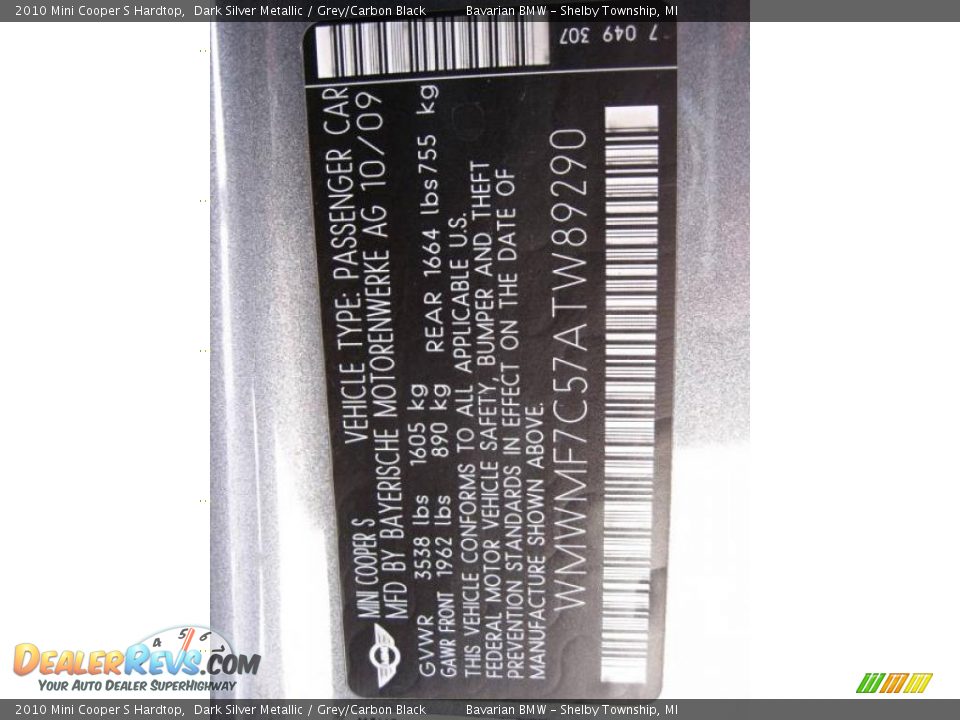 2010 Mini Cooper S Hardtop Dark Silver Metallic / Grey/Carbon Black Photo #12