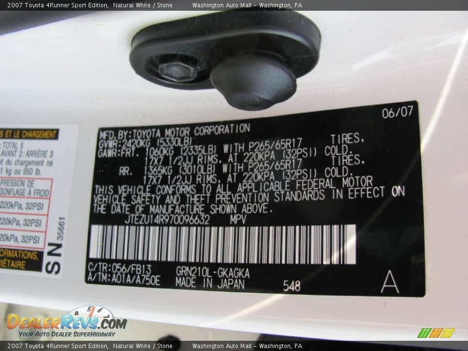2007 Toyota 4Runner Sport Edition Natural White / Stone Photo #19