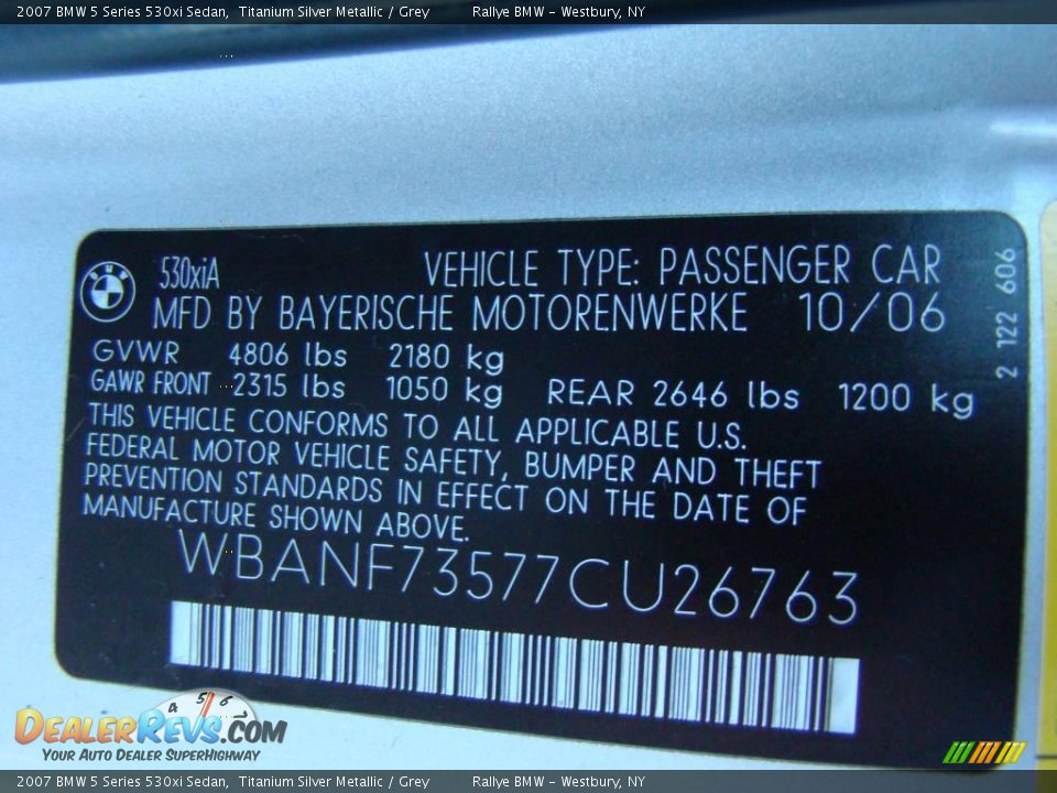2007 BMW 5 Series 530xi Sedan Titanium Silver Metallic / Grey Photo #15