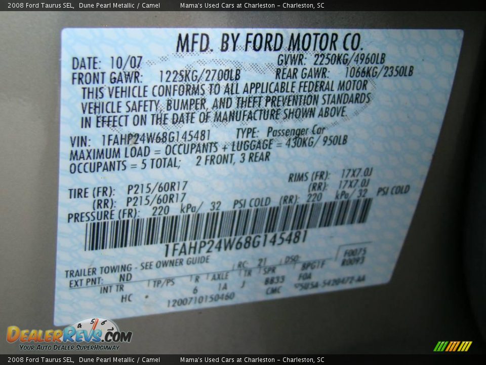 2008 Ford Taurus SEL Dune Pearl Metallic / Camel Photo #26