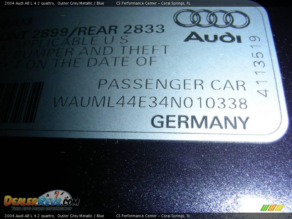 2004 Audi A8 L 4.2 quattro Oyster Grey Metallic / Blue Photo #25