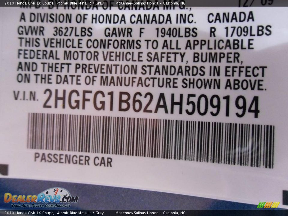 2010 Honda Civic LX Coupe Atomic Blue Metallic / Gray Photo #10