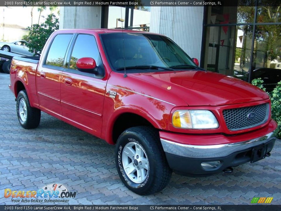 2003 Ford F150 Lariat SuperCrew 4x4 Bright Red / Medium Parchment Beige Photo #4