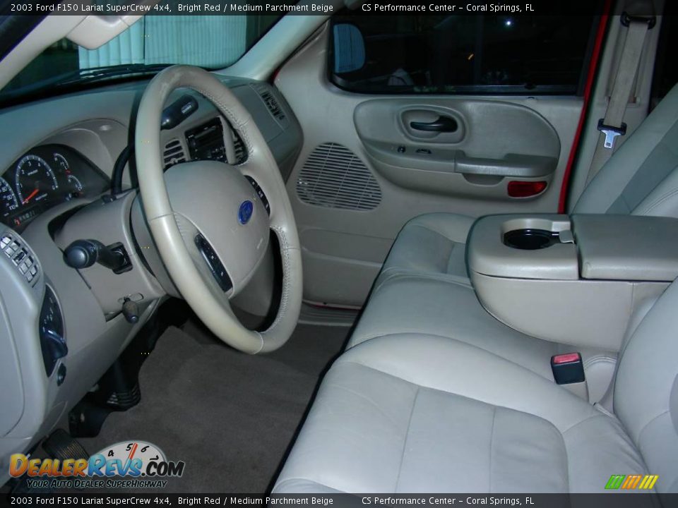 2003 Ford F150 Lariat SuperCrew 4x4 Bright Red / Medium Parchment Beige Photo #13