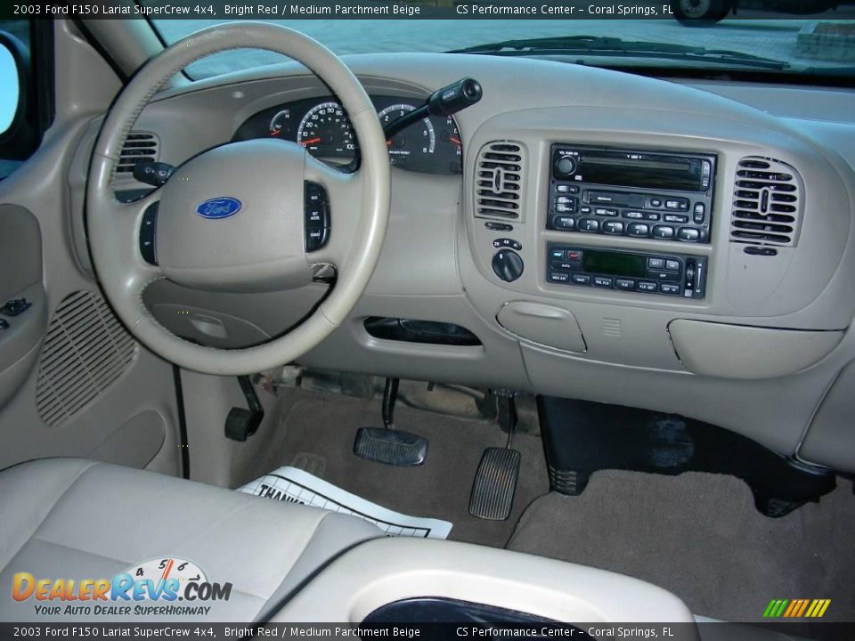 2003 Ford F150 Lariat SuperCrew 4x4 Bright Red / Medium Parchment Beige Photo #15