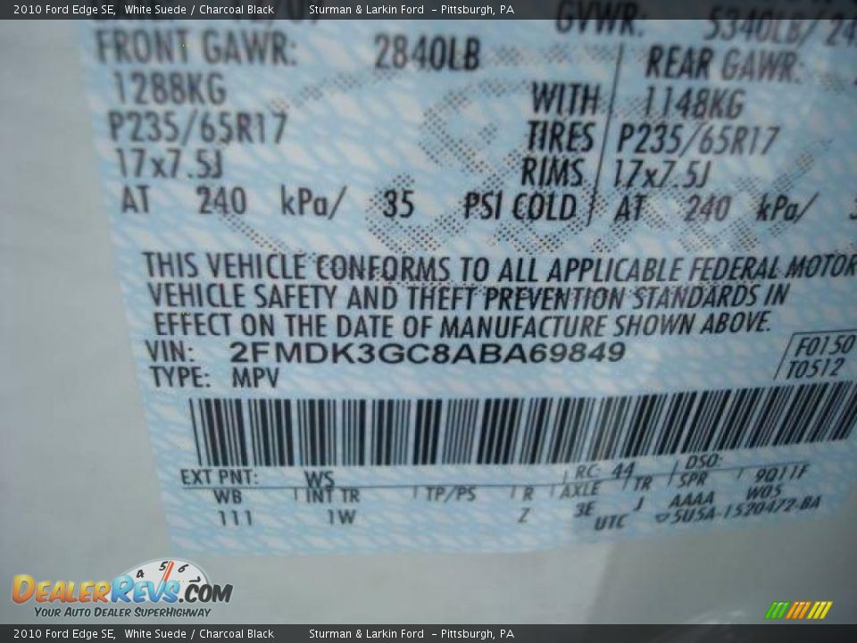 2010 Ford Edge SE White Suede / Charcoal Black Photo #19