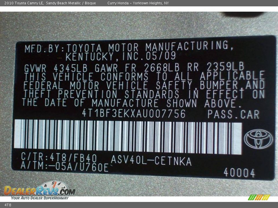 Toyota Color Code 4T8 Sandy Beach Metallic
