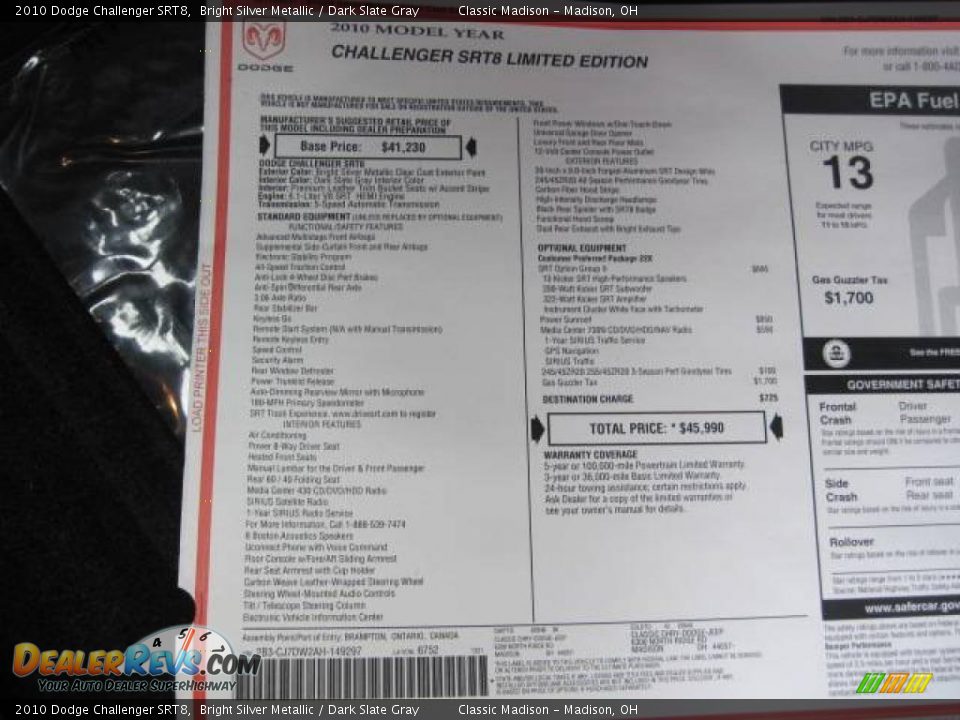 2010 Dodge Challenger SRT8 Bright Silver Metallic / Dark Slate Gray Photo #13