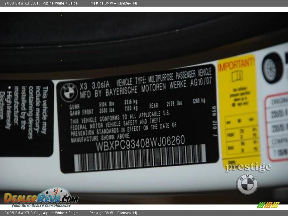 2008 BMW X3 3.0si Alpine White / Beige Photo #13