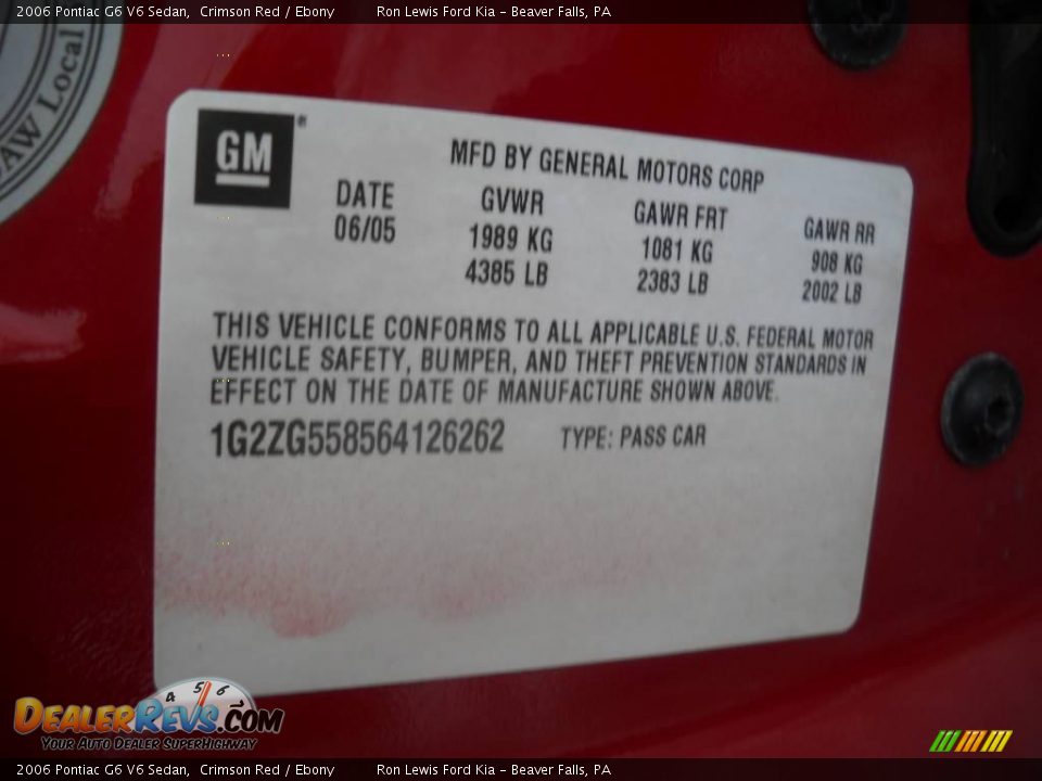 2006 Pontiac G6 V6 Sedan Crimson Red / Ebony Photo #9