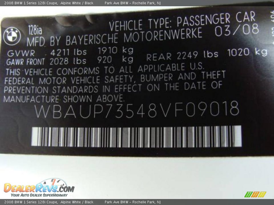 2008 BMW 1 Series 128i Coupe Alpine White / Black Photo #25