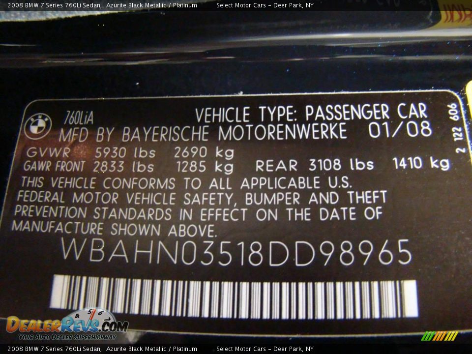 2008 BMW 7 Series 760Li Sedan Azurite Black Metallic / Platinum Photo #17