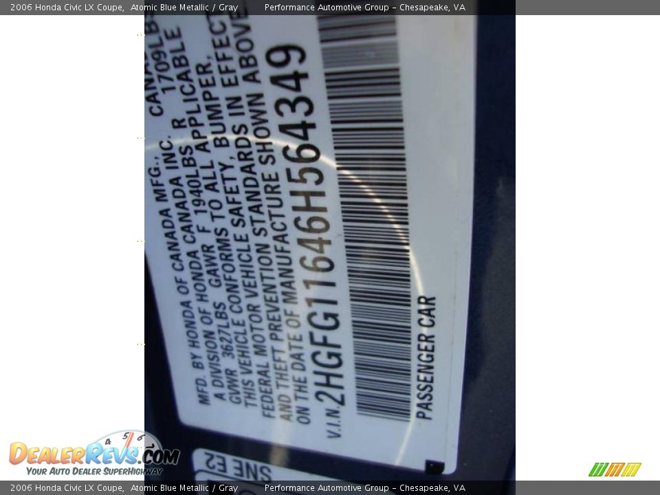 2006 Honda Civic LX Coupe Atomic Blue Metallic / Gray Photo #19
