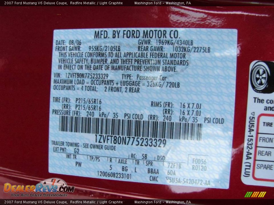 2007 Ford Mustang V6 Deluxe Coupe Redfire Metallic / Light Graphite Photo #20