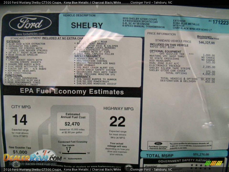 2010 Ford Mustang Shelby GT500 Coupe Kona Blue Metallic / Charcoal Black/White Photo #34