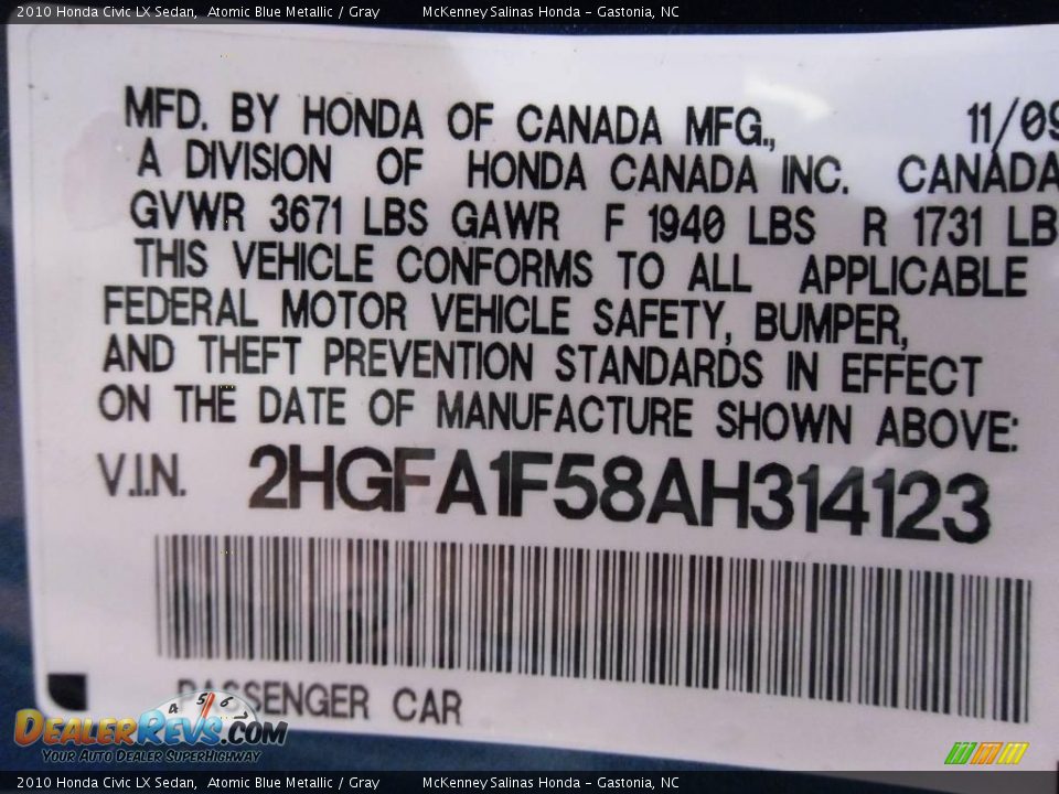 2010 Honda Civic LX Sedan Atomic Blue Metallic / Gray Photo #10