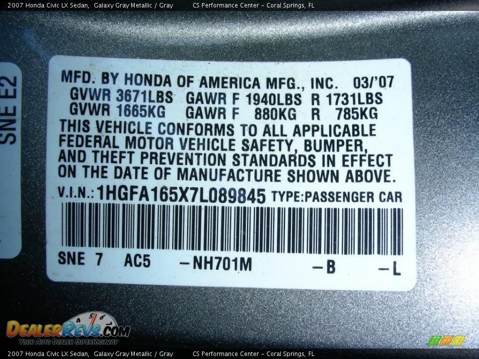 2007 Honda Civic LX Sedan Galaxy Gray Metallic / Gray Photo #20