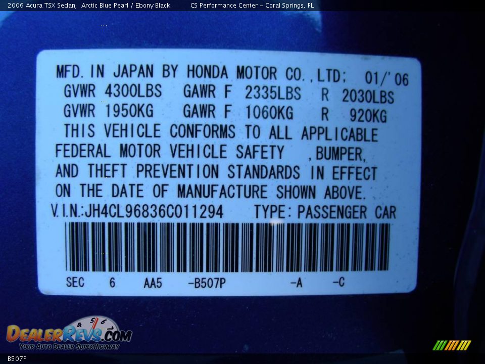 Acura Color Code B507P Arctic Blue Pearl