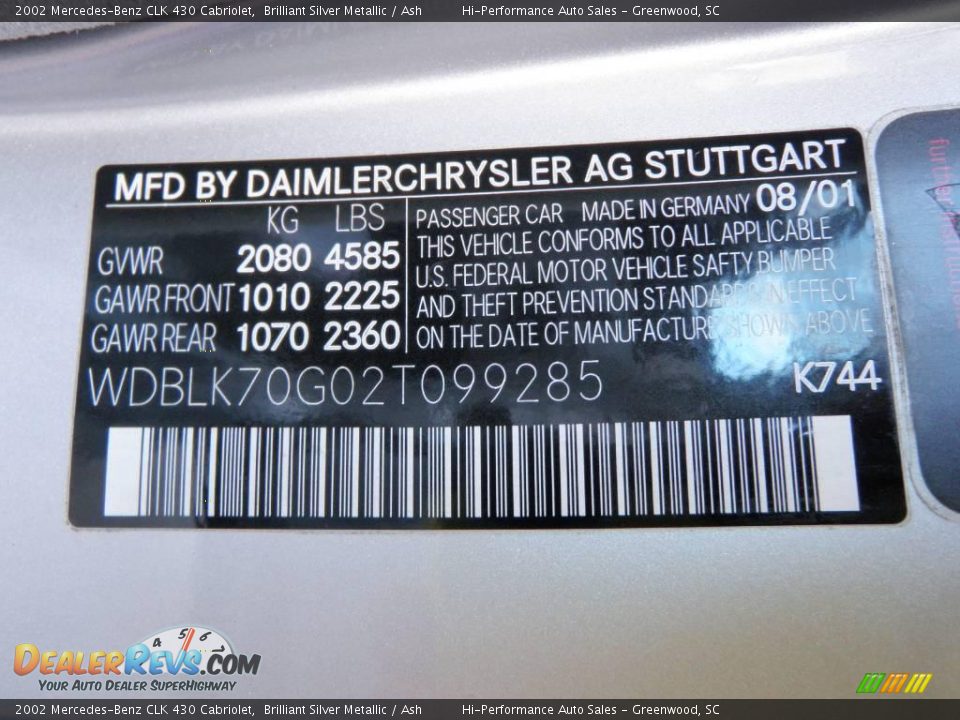 2002 Mercedes-Benz CLK 430 Cabriolet Brilliant Silver Metallic / Ash Photo #32