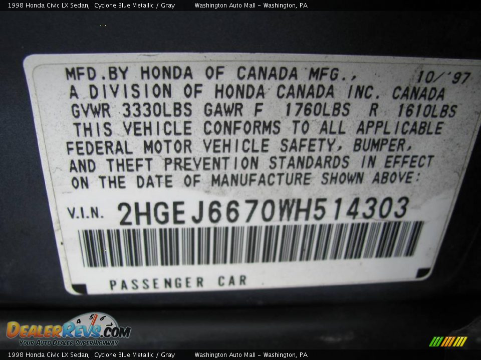 1998 Honda Civic LX Sedan Cyclone Blue Metallic / Gray Photo #19