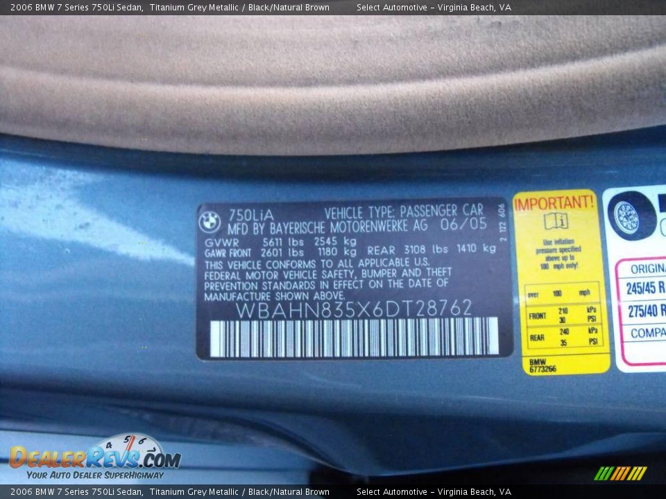 2006 BMW 7 Series 750Li Sedan Titanium Grey Metallic / Black/Natural Brown Photo #22