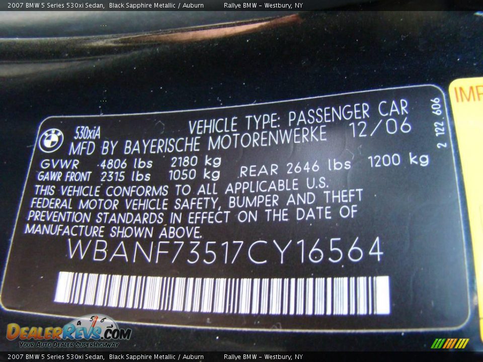 2007 BMW 5 Series 530xi Sedan Black Sapphire Metallic / Auburn Photo #15