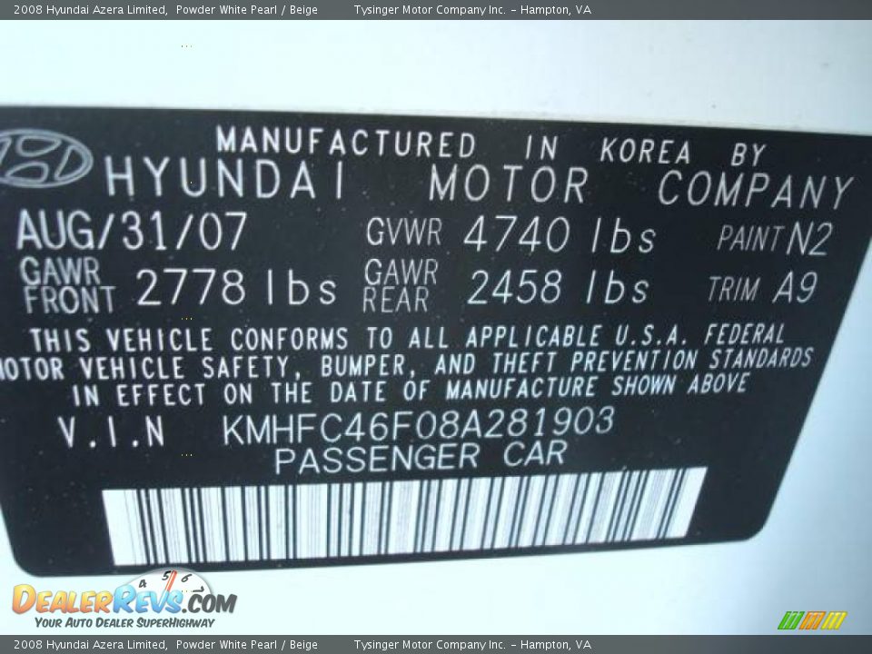 2008 Hyundai Azera Limited Powder White Pearl / Beige Photo #28