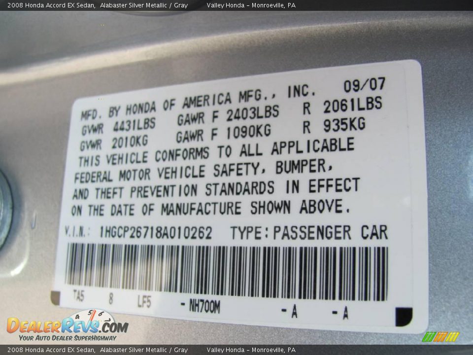 2008 Honda Accord EX Sedan Alabaster Silver Metallic / Gray Photo #14
