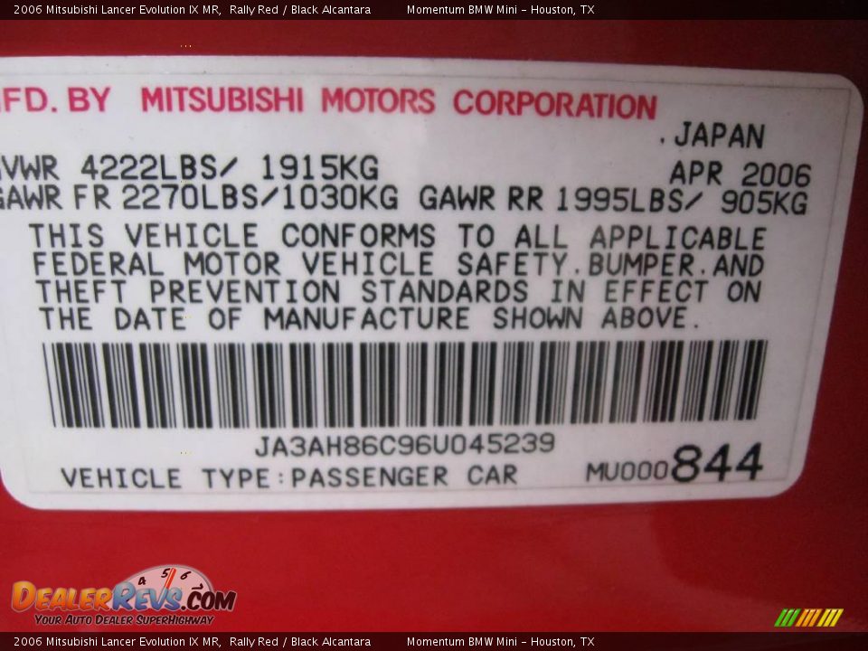 Info Tag of 2006 Mitsubishi Lancer Evolution IX MR Photo #14