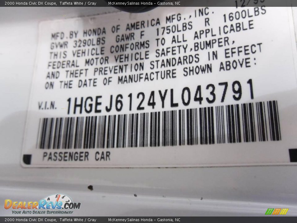 2000 Honda Civic DX Coupe Taffeta White / Gray Photo #10