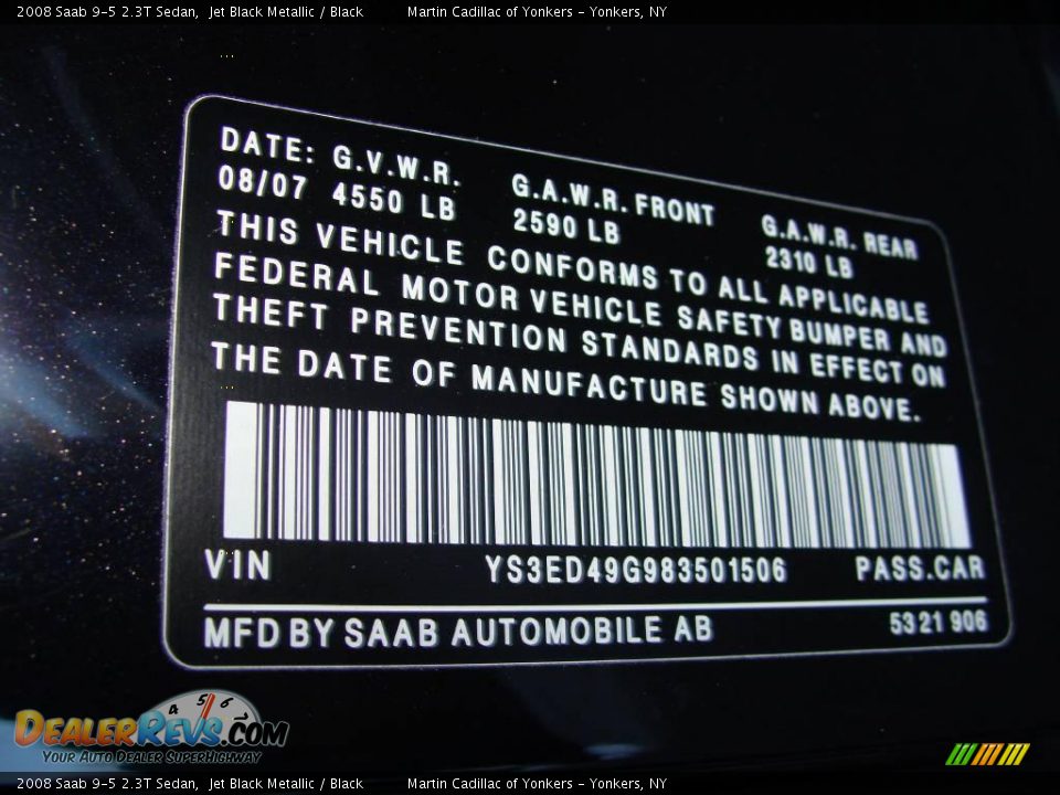 2008 Saab 9-5 2.3T Sedan Jet Black Metallic / Black Photo #29