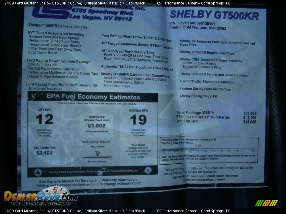 2009 Ford Mustang Shelby GT500KR Coupe Window Sticker Photo #31