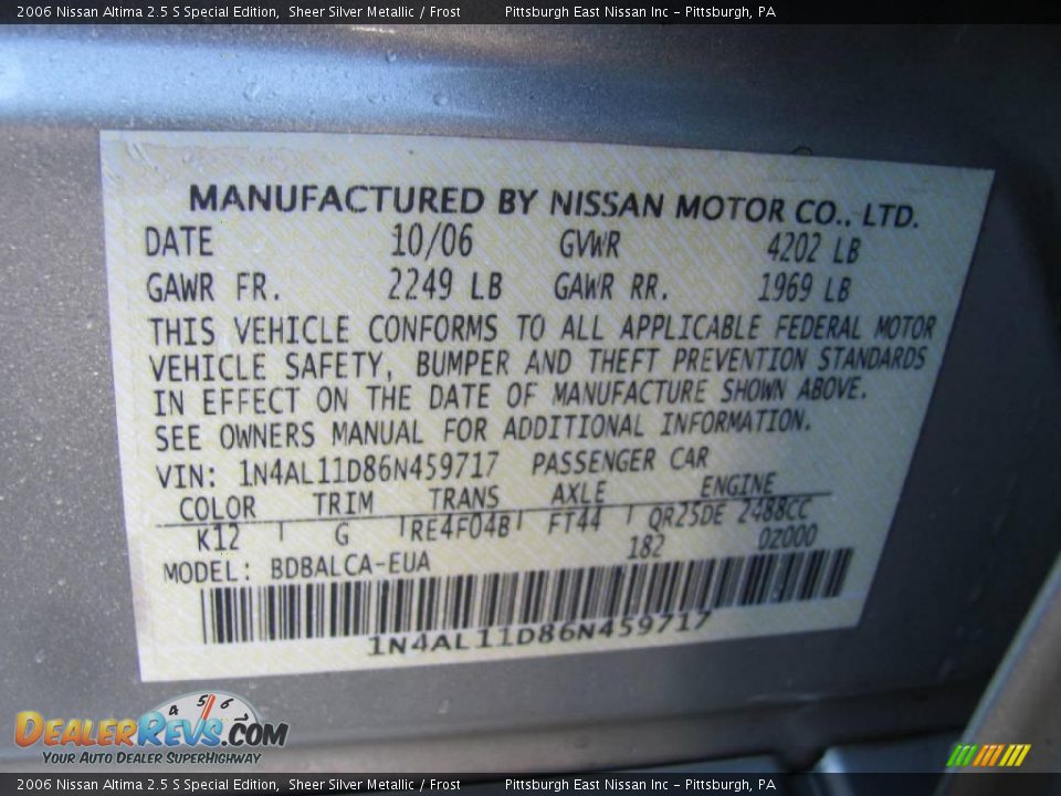 2006 Nissan Altima 2.5 S Special Edition Sheer Silver Metallic / Frost Photo #14