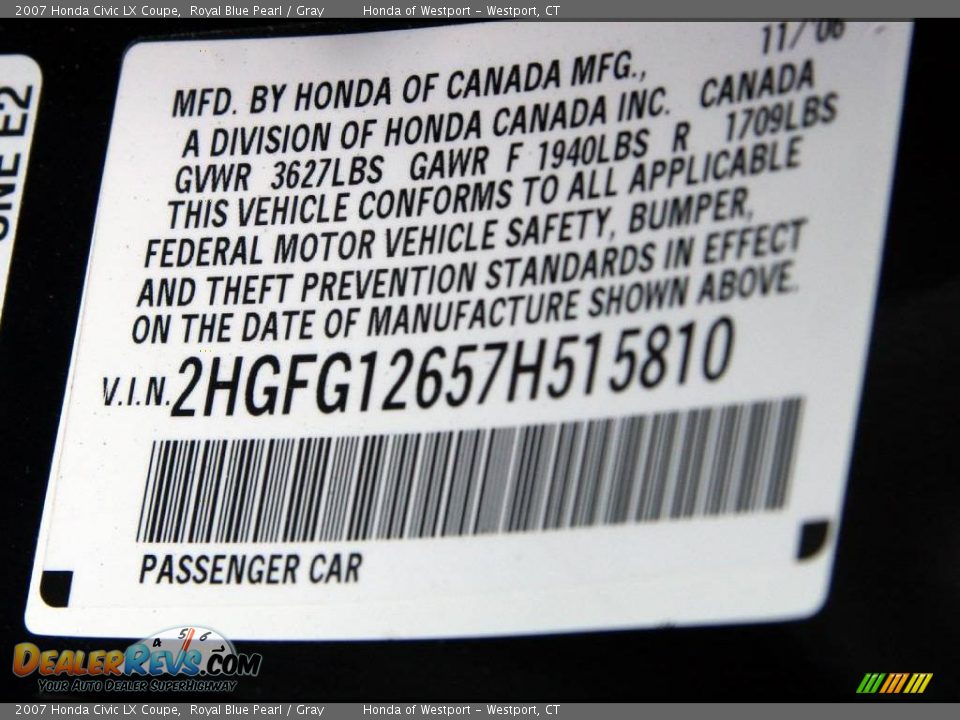 2007 Honda Civic LX Coupe Royal Blue Pearl / Gray Photo #23