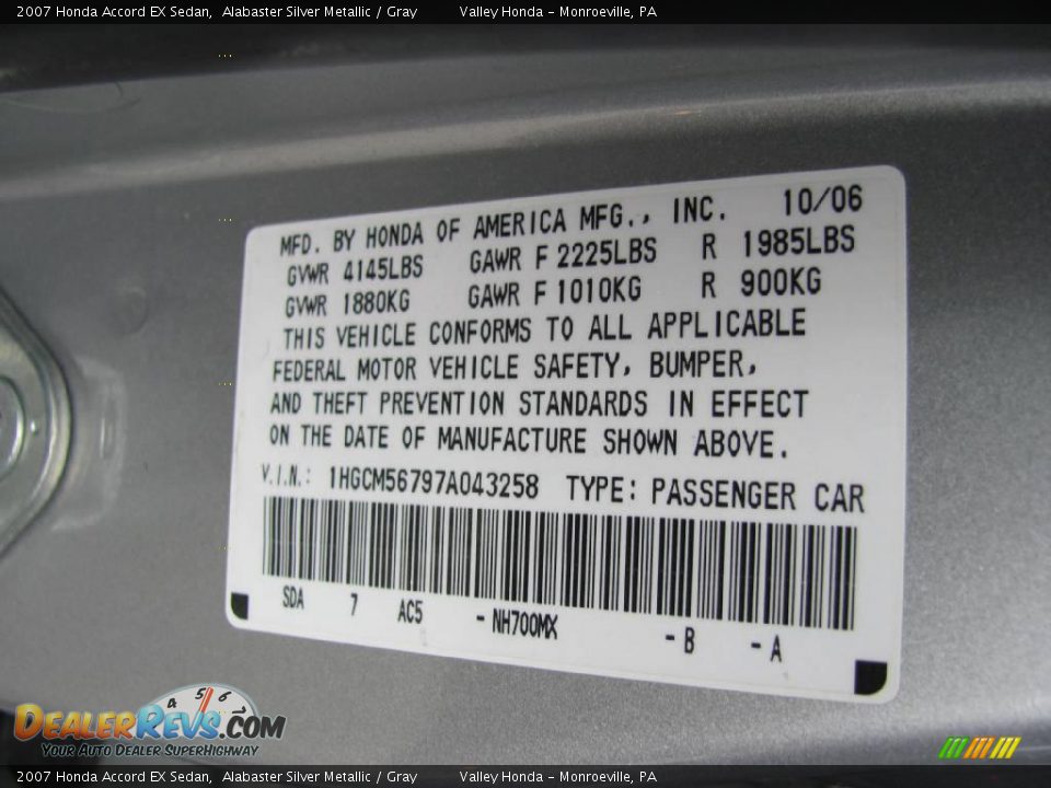 2007 Honda Accord EX Sedan Alabaster Silver Metallic / Gray Photo #14