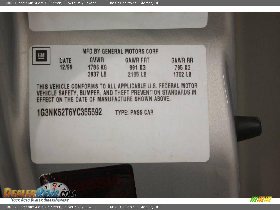 2000 Oldsmobile Alero GX Sedan Silvermist / Pewter Photo #21