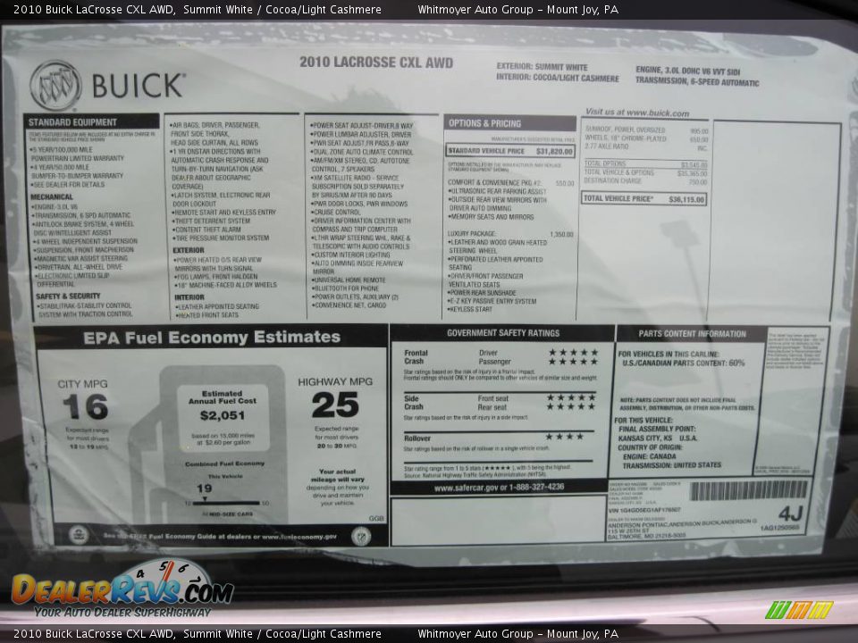2010 Buick LaCrosse CXL AWD Summit White / Cocoa/Light Cashmere Photo #9