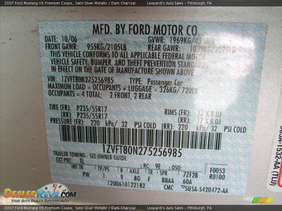 2007 Ford Mustang V6 Premium Coupe Satin Silver Metallic / Dark Charcoal Photo #13
