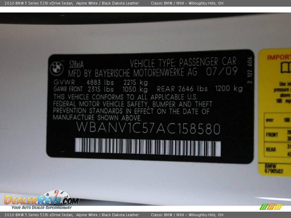 2010 BMW 5 Series 528i xDrive Sedan Alpine White / Black Dakota Leather Photo #29