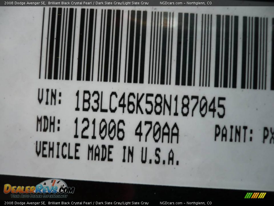 2008 Dodge Avenger SE Brilliant Black Crystal Pearl / Dark Slate Gray/Light Slate Gray Photo #22