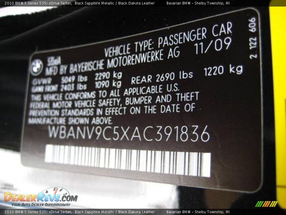 2010 BMW 5 Series 535i xDrive Sedan Black Sapphire Metallic / Black Dakota Leather Photo #17