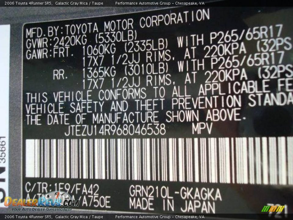 2006 Toyota 4Runner SR5 Galactic Gray Mica / Taupe Photo #35